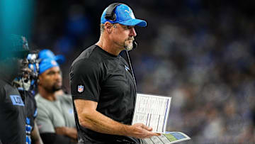 Sep 30, 2024; Detroit, MI, USA; Detroit Lions head coach Dan Campbell watches a play against Seattle Seahawks during the first half at Ford Field in Detroit on Monday, Sept. 30, 2024. Mandatory Credit:  Junfu Han/USA TODAY NETWORK via Imagn Images