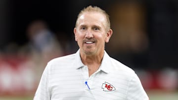 Aug 9, 2025; Glendale, Arizona, USA; Kansas City Chiefs defensive coordinator Steve Spagnuolo against the Arizona Cardinals during a preseason NFL game at State Farm Stadium. Mandatory Credit: Mark J. Rebilas-Imagn Images