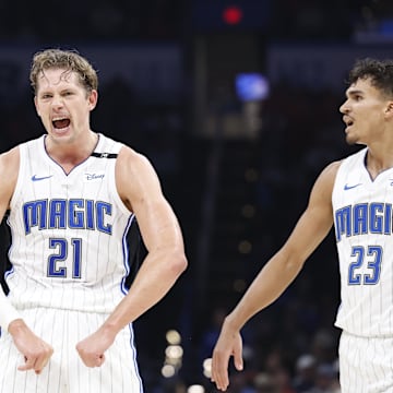Nov 4, 2024; Oklahoma City, Oklahoma, USA; Orlando Magic center Moritz Wagner (21) reacts after play against the Oklahoma City Thunder during the second quarter at Paycom Center. Mandatory Credit: Alonzo Adams-Imagn Images