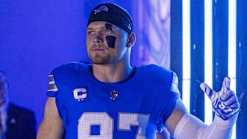Sep 28, 2025; Detroit, Michigan, USA; Detroit Lions defensive end Aidan Hutchinson (97) poses before the game against the Cleveland Browns at Ford Field. Mandatory Credit: David Reginek-Imagn Images