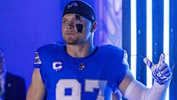 Sep 28, 2025; Detroit, Michigan, USA; Detroit Lions defensive end Aidan Hutchinson (97) poses before the game against the Cleveland Browns at Ford Field.