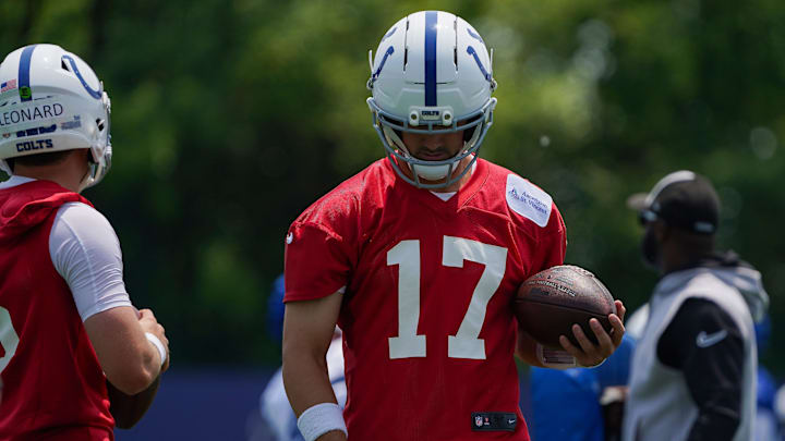 Indianapolis Colts quarterback Daniel Jones (17) walks up the field Tuesday, June 10, 2025, during NFL Colts mandatory mini camp at the Indiana Farm Bureau Football Center in Indianapolis.