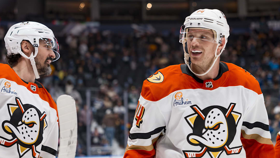 Mar 24, 2026; Vancouver, British Columbia, CAN; Anaheim Ducks forward Chris Kreider (20) and defenseman John Carlson (74) celebrate a goal scored by forward Troy Terry (19) against the Vancouver Canucks in the third period at Rogers Arena. Mandatory Credit: Bob Frid-Imagn Images