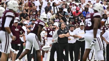 Sep 16, 2023; Starkville, Mississippi, USA; Mississippi State Bulldogs head coach Zach Arnett looks