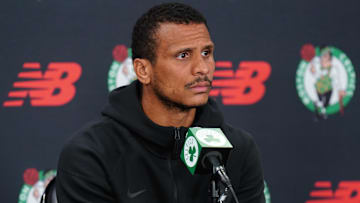  Boston Celtics head coach Joe Mazzulla talks with reporters during media day at the Auerbach Center.