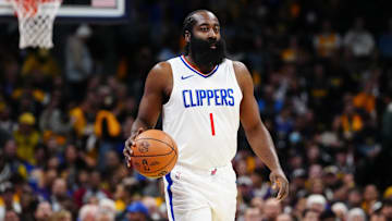 Nov 14, 2023; Denver, Colorado, USA; LA Clippers guard James Harden (1) during the first quarter against the Denver Nuggets at Ball Arena. Mandatory Credit: Ron Chenoy-Imagn Images