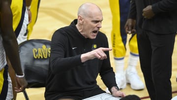 Apr 12, 2024; Cleveland, Ohio, USA; Indiana Pacers head coach Rick Carlisle reacts during a timeout in the fourth quarter against the Cleveland Cavaliers at Rocket Mortgage FieldHouse. Mandatory Credit: David Richard-USA TODAY Sports
