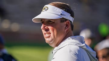 Aug 28, 2025; Columbia, Missouri, USA; Missouri Tigers head coach Eli Drinkwitz on field against the Central Arkansas Bears prior to a game at Faurot Field at Memorial Stadium. Mandatory Credit: Denny Medley-Imagn Images