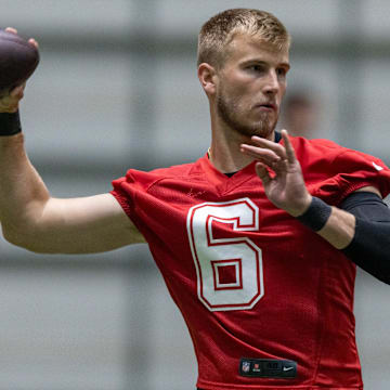 May 10, 2025; New Orleans, LA, USA;  New Orleans Saints quarterback Tyler Shough (6) during rookie minicamp at Ochsner Sports Performance Center. Mandatory Credit: Stephen Lew-Imagn Images