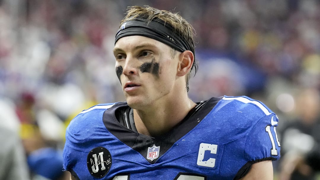 Dec 22, 2025; Indianapolis, Indiana, USA; Indianapolis Colts wide receiver Alec Pierce (14) leaves the field after losing a game against the San Francisco 49ers at Lucas Oil Stadium. Mandatory Credit: Christine Tannous-USA TODAY Network via Imagn Images