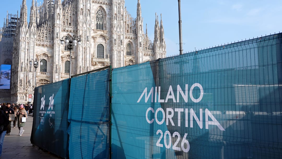 A general view of signage in Piazza del Duomo and the Duomo di Milano ahead of the Milano Cortina 2026 Olympic Winter Games. 