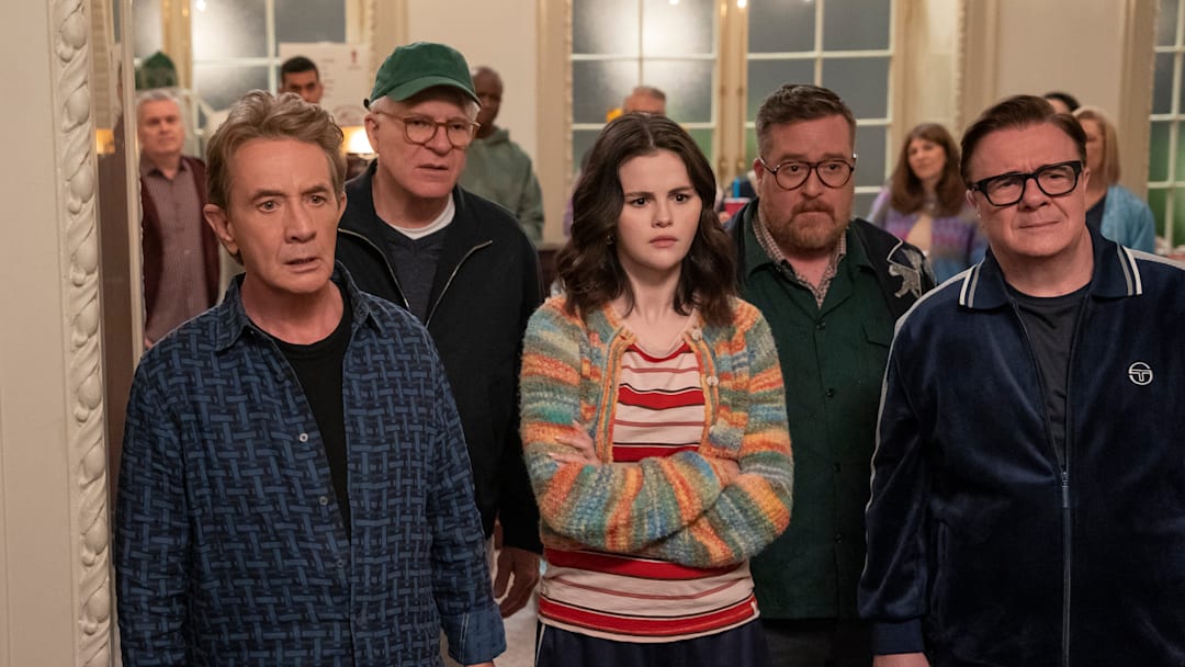 ONLY MURDERS IN THE BUILDING season 5 episode 9 (Disney/Patrick Harbron) MARTIN SHORT, STEVE MARTIN, SELENA GOMEZ, MICHAEL CYRIL CREIGHTON, NATHAN LANE