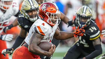 Sep 30, 2023; Atlanta, Georgia, USA; Virginia Tech running back Terion Stewart (4) runs the ball for the Bowling Green Falcons against the Georgia Tech Yellow Jackets. Mandatory Credit: Dale Zanine-Imagn Images