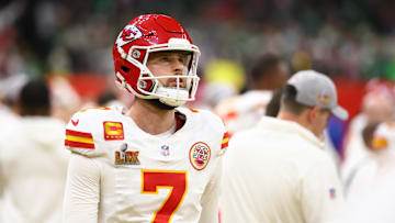 Feb 9, 2025; New Orleans, LA, USA; Kansas City Chiefs place kicker Harrison Butker (7) reacts from the sideline in the fourth quarter against the Philadelphia Eagles in Super Bowl LIX at Ceasars Superdome. 