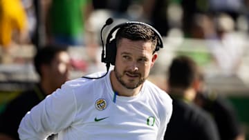Nov 18, 2023; Tempe, Arizona, USA; Oregon Ducks head coach Dan Lanning against the Arizona State Sun Devils at Mountain America Stadium. Mandatory Credit: Mark J. Rebilas-Imagn Images
