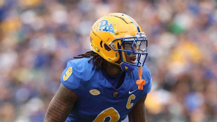 Nov 15, 2025; Pittsburgh, Pennsylvania, USA;  Pittsburgh Panthers linebacker Kyle Louis (9) in action against the Notre Dame Fighting Irish during the first quarter at Acrisure Stadium. Mandatory Credit: Charles LeClaire-Imagn Images
