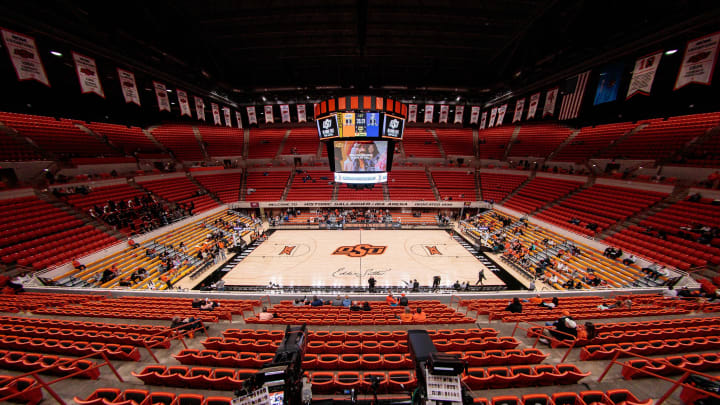 Nov 30, 2023; Stillwater, Oklahoma, USA; Empty stands prior to the game between the Oklahoma State Cowboys and the Creighton Bluejays at Gallagher-Iba Arena. Mandatory Credit: William Purnell-USA TODAY Sports