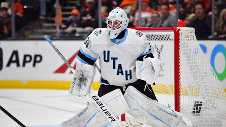 Oct 16, 2024; Anaheim, California, USA; Utah Hockey Club goaltender Connor Ingram (39) defends the goal against the Anaheim Ducks during the second period at Honda Center. Mandatory Credit: Gary A. Vasquez-Imagn Images