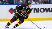 Jan 25, 2025; Vancouver, British Columbia, CAN; Vancouver Canucks defenseman Quinn Hughes (43) handles the puck against the Washington Capitals in the third period at Rogers Arena. Mandatory Credit: Bob Frid-Imagn Images
