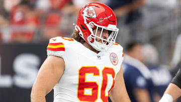 Aug 9, 2025; Glendale, Arizona, USA; Kansas City Chiefs center Hunter Nourzad (60) against the Arizona Cardinals during a preseason NFL game at State Farm Stadium. Mandatory Credit: Mark J. Rebilas-Imagn Images