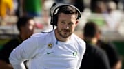Nov 18, 2023; Tempe, Arizona, USA; Oregon Ducks head coach Dan Lanning against the Arizona State Sun Devils at Mountain America Stadium. Mandatory Credit: Mark J. Rebilas-Imagn Images