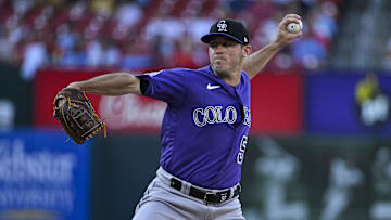 Aug 5, 2023; St. Louis, Missouri, USA;  Colorado Rockies starting pitcher Ty Blach (50) pitches