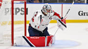 Nov 9, 2024; St. Louis, Missouri, USA;  Washington Capitals goaltender Logan Thompson (48) defends the net against the St. Louis Blues during the second period at Enterprise Center. Mandatory Credit: Jeff Curry-Imagn Images
