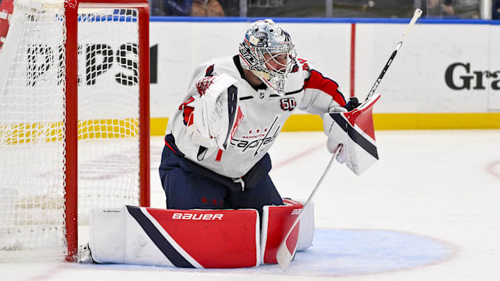 Nov 9, 2024; St. Louis, Missouri, USA; Washington Capitals goaltender Logan Thompson (48) defends the net against the St. Louis Blues during the second period at Enterprise Center. Mandatory Credit: Jeff Curry-Imagn Images Nov 9, 2024; St. Louis, Missouri, USA; Washington Capitals goaltender Logan Thompson (48) defends the net against the St. Louis Blues during the second period at Enterprise Center. Mandatory Credit: Jeff Curry-Imagn Images