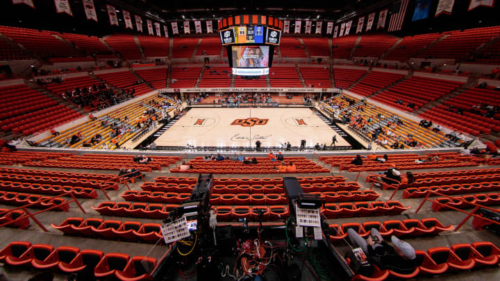 Nov 30, 2023; Stillwater, Oklahoma, USA; Empty stands prior to the game between the Oklahoma State Cowboys and the Creighton Bluejays at Gallagher-Iba Arena. Mandatory Credit: William Purnell-USA TODAY Sports