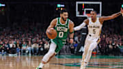 Jan 12, 2025; Boston, Massachusetts, USA; Boston Celtics forward Jayson Tatum (0) drives to the basket during the first half against the New Orleans Pelicans at TD Garden. Mandatory Credit: Paul Rutherford-Imagn Images