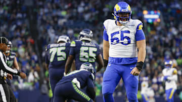 Nov 3, 2024; Seattle, Washington, USA; Los Angeles Rams defensive tackle Braden Fiske (55) celebrates a sack against the Seattle Seahawks during the fourth quarter at Lumen Field. Mandatory Credit: Joe Nicholson-Imagn Images