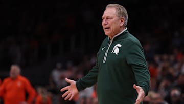 Mar 30, 2025; Atlanta, GA, USA; Michigan State Spartans head coach Tom Izzo during the second half in the South Regional final of the 2025 NCAA tournament against the Auburn Tigers at State Farm Arena. Mandatory Credit: Brett Davis-Imagn Images