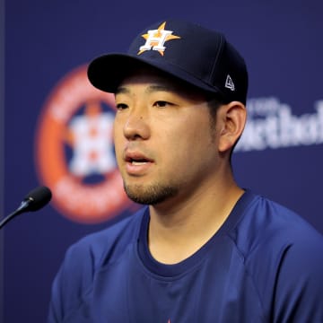 Jul 31, 2024; Houston, Texas, USA; Houston Astros starting pitcher Yusei Kikuchi (16) answers questions from the media during an introductory press conference prior to a game against the Pittsburgh Pirates at Minute Maid Park.