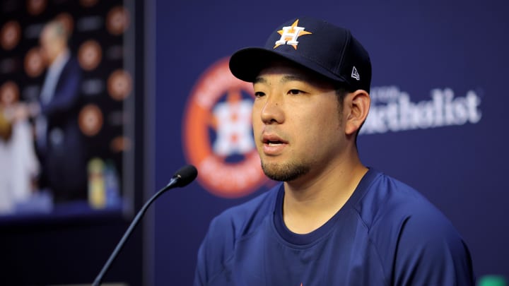 Jul 31, 2024; Houston, Texas, USA; Houston Astros starting pitcher Yusei Kikuchi (16) answers questions from the media during an introductory press conference prior to a game against the Pittsburgh Pirates at Minute Maid Park.