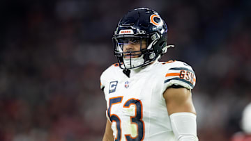 Nov 3, 2024; Glendale, Arizona, USA; Chicago Bears linebacker T.J. Edwards (53) against the Arizona Cardinals at State Farm Stadium. Mandatory Credit: Mark J. Rebilas-Imagn Images
