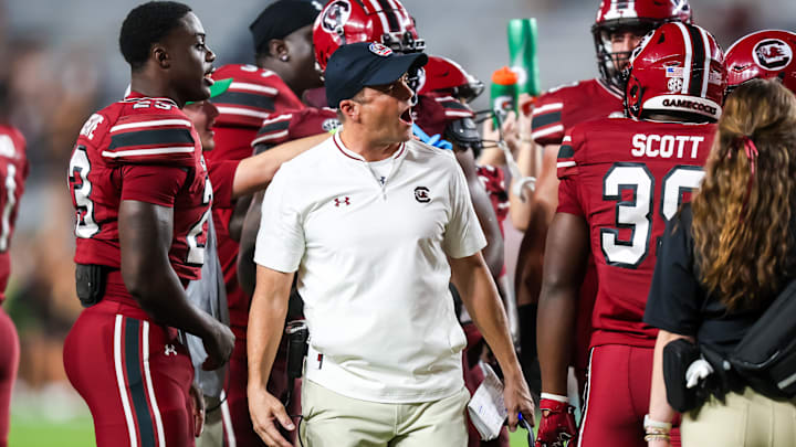 Nov 22, 2025; Columbia, South Carolina, USA; South Carolina Gamecocks head coach Shane Beamer reacts to a play against the Coastal Carolina Chanticleers in the second half at Williams-Brice Stadium. Mandatory Credit: Jeff Blake-Imagn Images