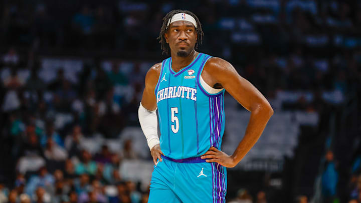 Oct 25, 2023; Charlotte, North Carolina, USA; Charlotte Hornets center Mark Williams (5) stands on the court during the first quarter against the Atlanta Hawks at Spectrum Center. Mandatory Credit: Nell Redmond-USA TODAY Sports