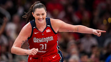 Washington Mystics center Stefanie Dolson (31) celebrates Wednesday, July 10, 2024, during the game at Gainbridge Fieldhouse in Indianapolis. The Mystics defeated the Fever, 89-84.