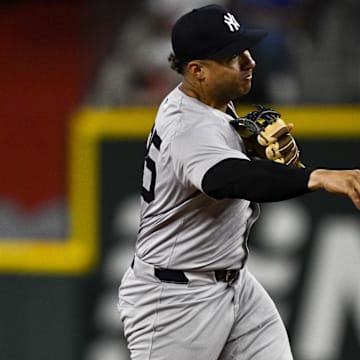 Sep 2, 2024; Arlington, Texas, USA; New York Yankees second baseman Gleyber Torres (25) in action during the game between the Texas Rangers and the New York Yankees at Globe Life Field.