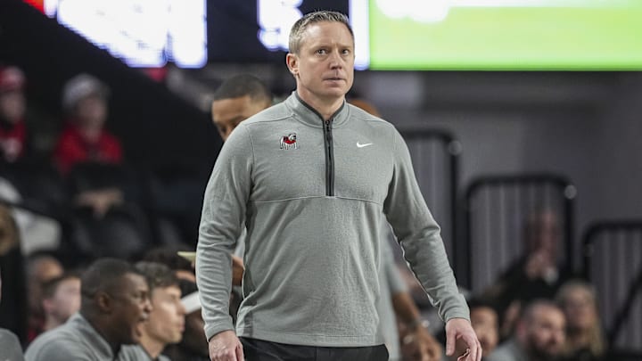 Mar 3, 2026; Athens, Georgia, USA; Georgia Bulldogs head coach Mike White shown on the sideline against the Alabama Crimson Tide at Stegeman Coliseum. Mandatory Credit: Dale Zanine-Imagn Images
