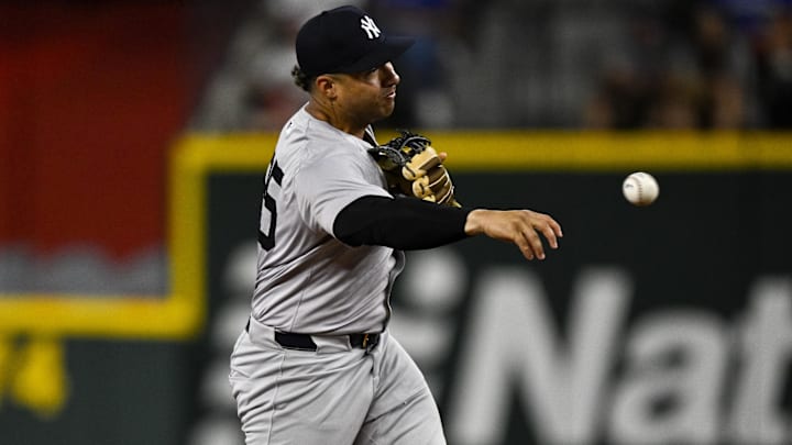 Sep 2, 2024; Arlington, Texas, USA; New York Yankees second baseman Gleyber Torres (25) in action during the game between the Texas Rangers and the New York Yankees at Globe Life Field.