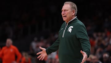 Mar 30, 2025; Atlanta, GA, USA; Michigan State Spartans head coach Tom Izzo during the second half in the South Regional final of the 2025 NCAA tournament against the Auburn Tigers at State Farm Arena. Mandatory Credit: Brett Davis-Imagn Images