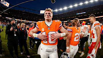 Jan 5, 2025; Denver, Colorado, USA; Denver Broncos quarterback Bo Nix (10) after the game against the Kansas City Chiefs at Empower Field at Mile High.