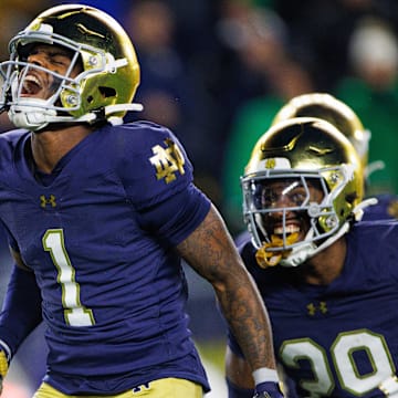 Notre Dame safety Jordan Clark (1) celebrates his interception during a NCAA college football game against Florida State at Notre Dame Stadium on Saturday, Nov. 9, 2024, in South Bend.
