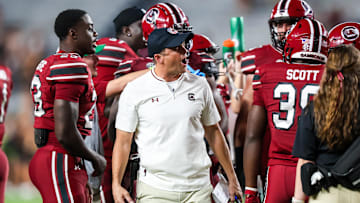 Nov 22, 2025; Columbia, South Carolina, USA; South Carolina Gamecocks head coach Shane Beamer reacts to a play against the Coastal Carolina Chanticleers in the second half at Williams-Brice Stadium. Mandatory Credit: Jeff Blake-Imagn Images