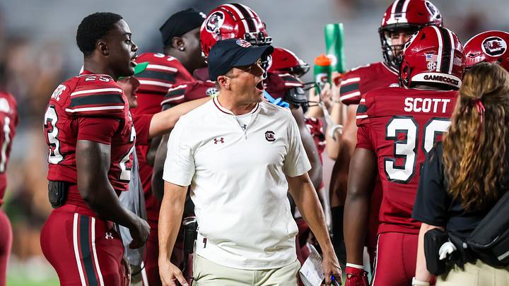 Nov 22, 2025; Columbia, South Carolina, USA; South Carolina Gamecocks head coach Shane Beamer reacts to a play against the Coastal Carolina Chanticleers in the second half at Williams-Brice Stadium. Mandatory Credit: Jeff Blake-Imagn Images
