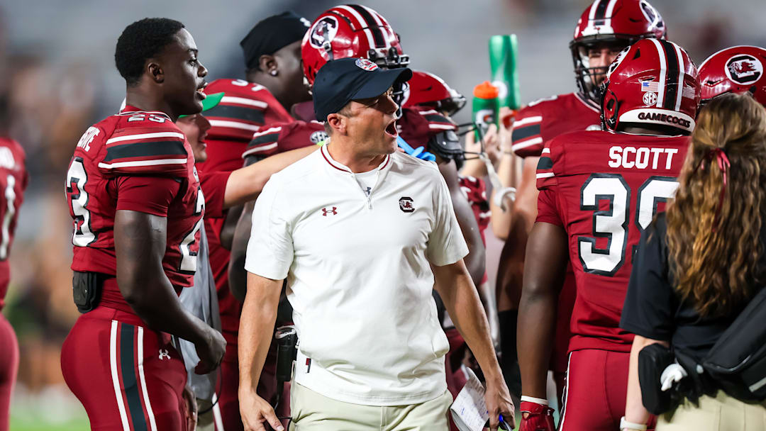 Nov 22, 2025; Columbia, South Carolina, USA; South Carolina Gamecocks head coach Shane Beamer reacts to a play against the Coastal Carolina Chanticleers in the second half at Williams-Brice Stadium. Mandatory Credit: Jeff Blake-Imagn Images