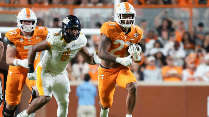 Tennessee running back Peyton Lewis (27) during a game between Tennessee and Kent State at Neyland Stadium, in Knoxville, Tenn., Saturday, Sept. 14, 2024. Tennessee defeated Ken State 71-0.