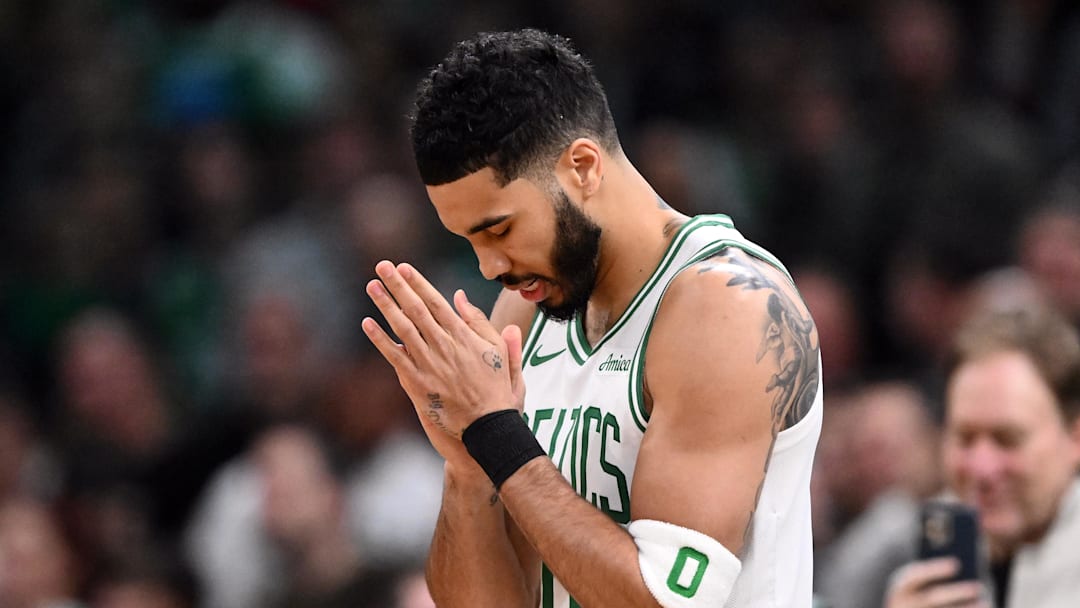 Mar 8, 2025; Boston, Massachusetts, USA; Boston Celtics forward Jayson Tatum (0) reacts before a game against the Los Angeles Lakers at the TD Garden. Mandatory Credit: Brian Fluharty-Imagn Images