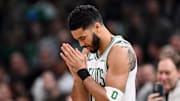 Mar 8, 2025; Boston, Massachusetts, USA; Boston Celtics forward Jayson Tatum (0) reacts before a game against the Los Angeles Lakers at the TD Garden. Mandatory Credit: Brian Fluharty-Imagn Images